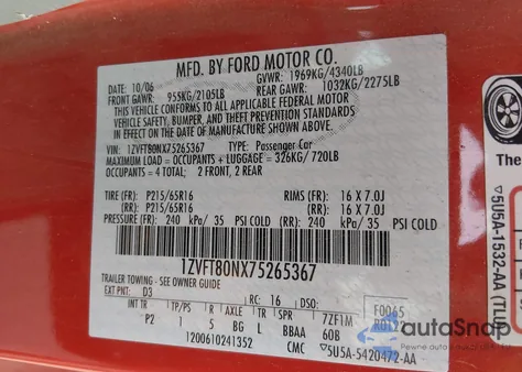 2007 Ford Mustang V6 Deluxe/V6 Premium z USA, uszkodzony, nr VIN 1ZVFT80NX75265367